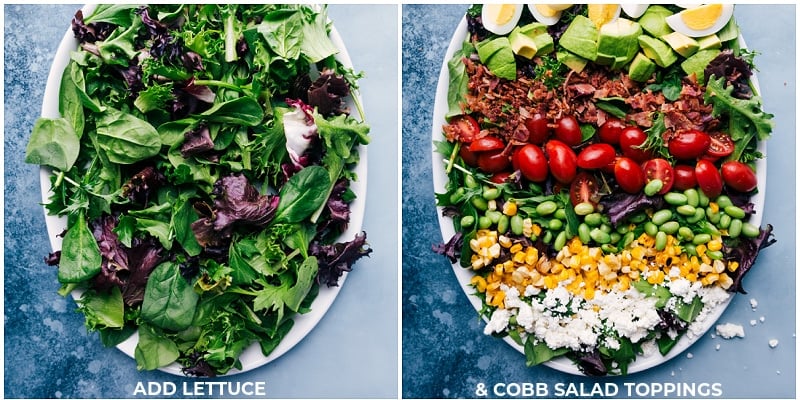 Cobb Salad toppings arranged on a bed of lettuces