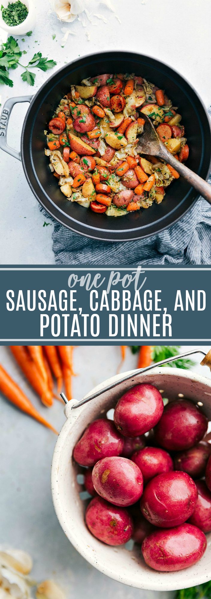 An easy and delicious dinner: ONE POT sausage, cabbage, and potatoes. Simple, healthy, and packed with amazing flavors. Sure to be a huge hit! | chelseasmessyapron.com | #one #pot #sausage #cabbage #vegetables #italian #carrots #potato #potatoes #dinner #healthy #easy #onedish #kidfriendly #sauce