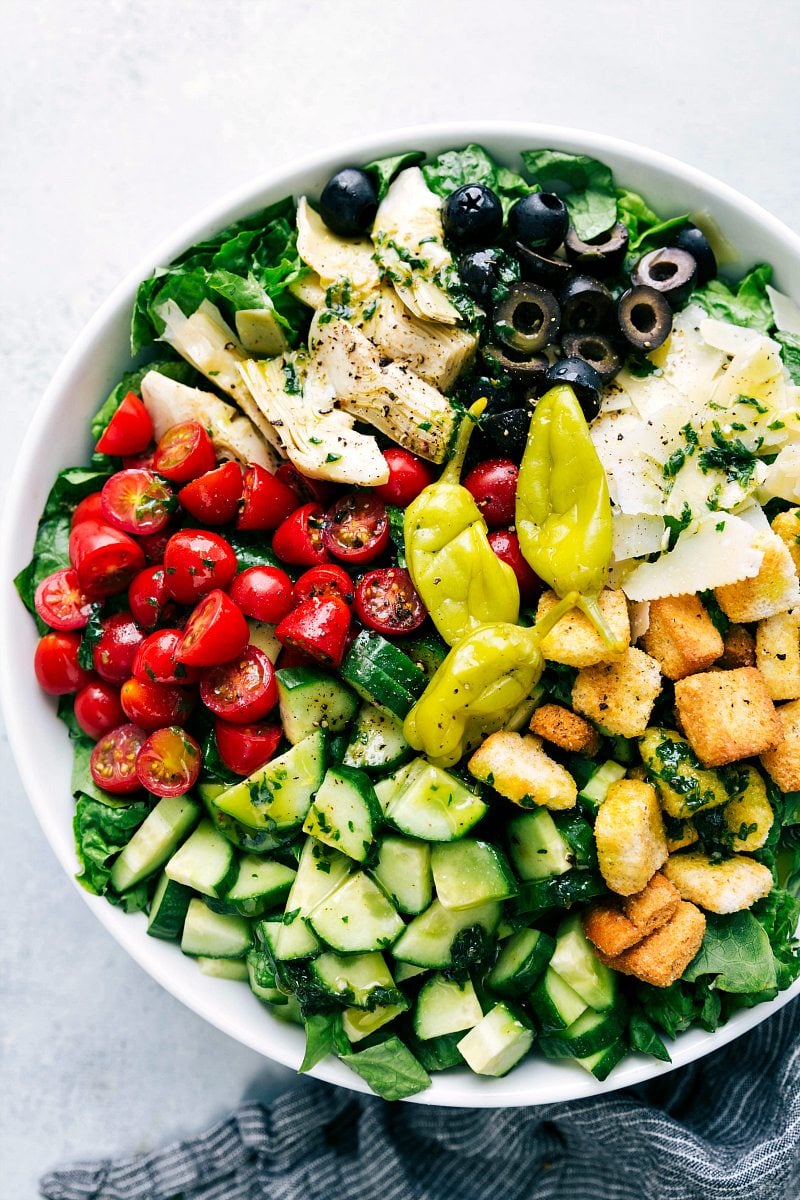 Up-close image of all the ingredients in Italian Salad, not yet mixed together.