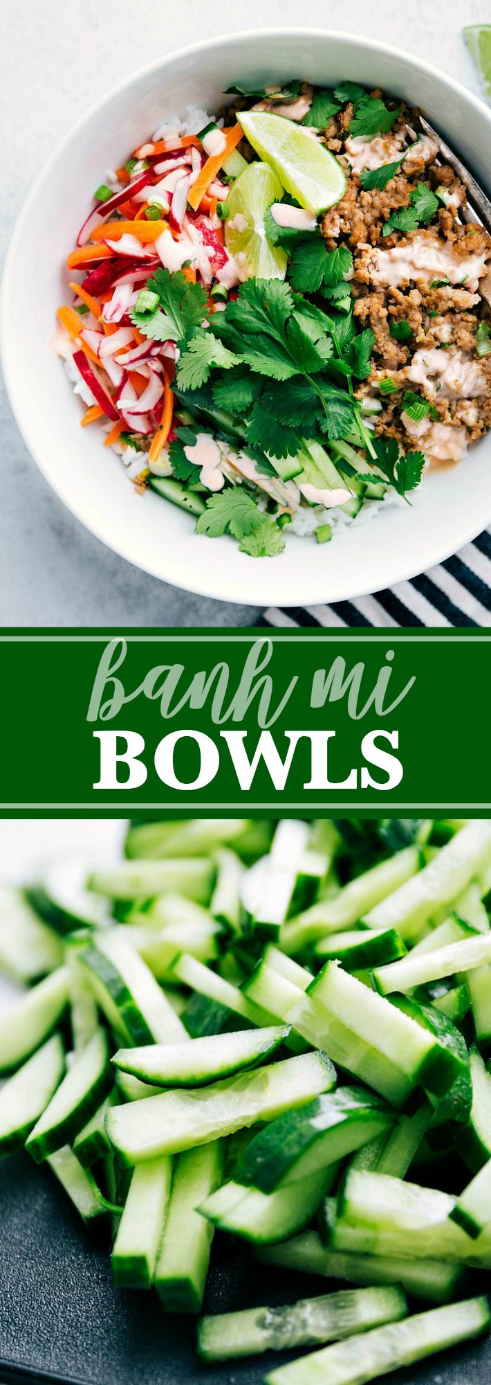 The beloved Vietnamese Banh Mi in simple bowl form. Easy to make, packed with nutrition, and delicious! via chelseasmessyapron.com #bowl #healthy #pork #easy #quick #dinner #pickled #radish #carrot #banh #mi #Vietnamese #sriracha #mayo #cilantro #lime #sandwich #bowl