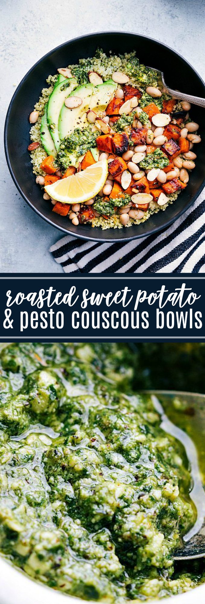 The BEST roasted sweet potato couscous bowls with pesto, avocado, honey roasted almonds, and white beans. Healthy vegetarian meal!! via chelseasmessyapron.com