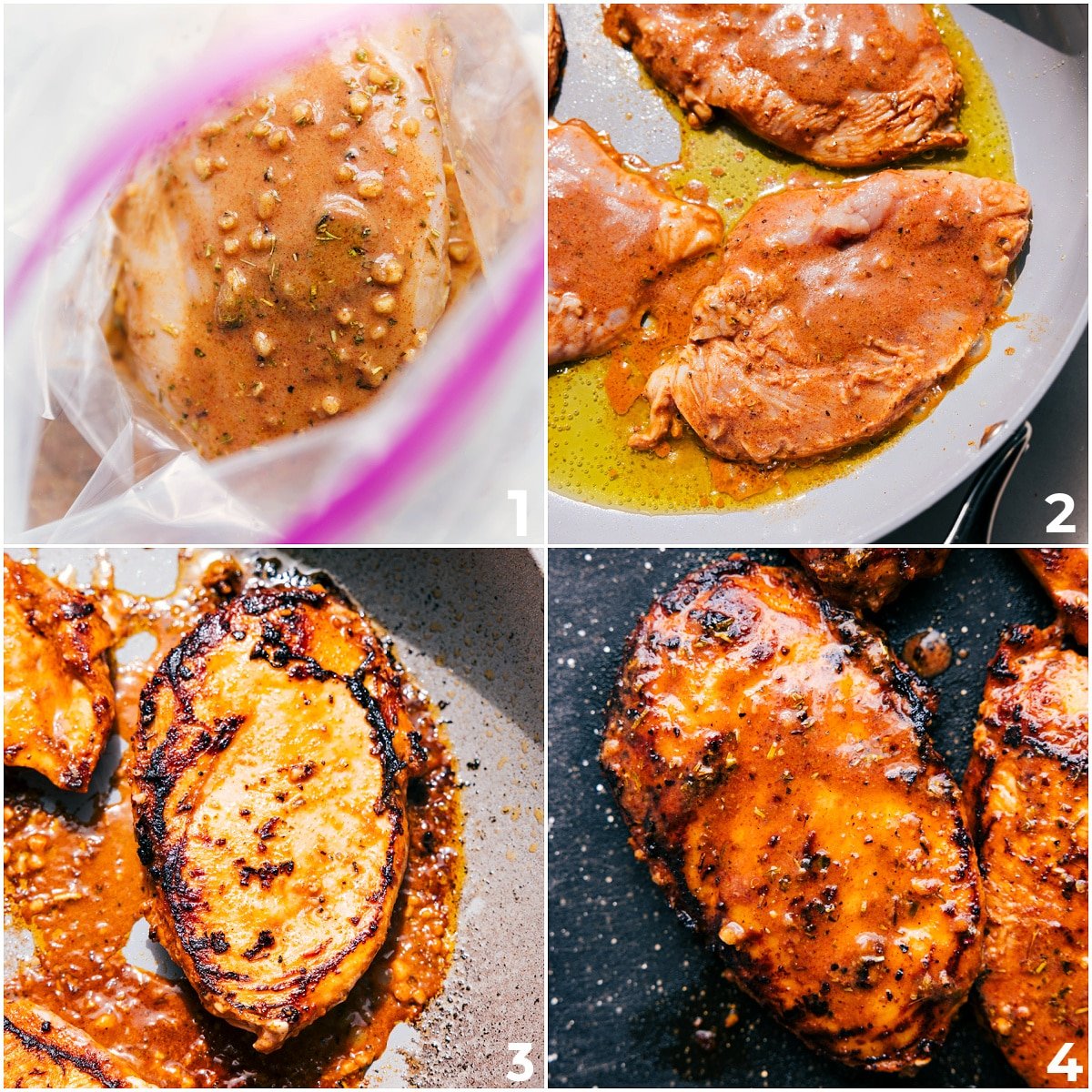 The bruschetta chicken is marinated, then cooked to perfection in a skillet.