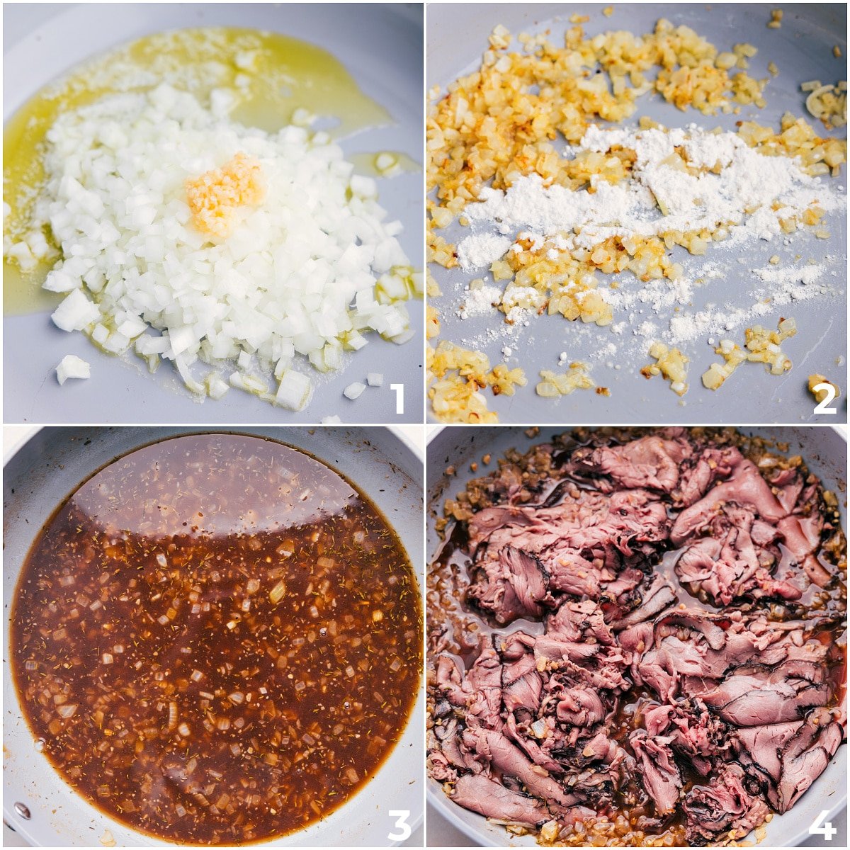 The onions being sauteed with the garlic and the roast beef being added in for these French Dip Sandwiches.