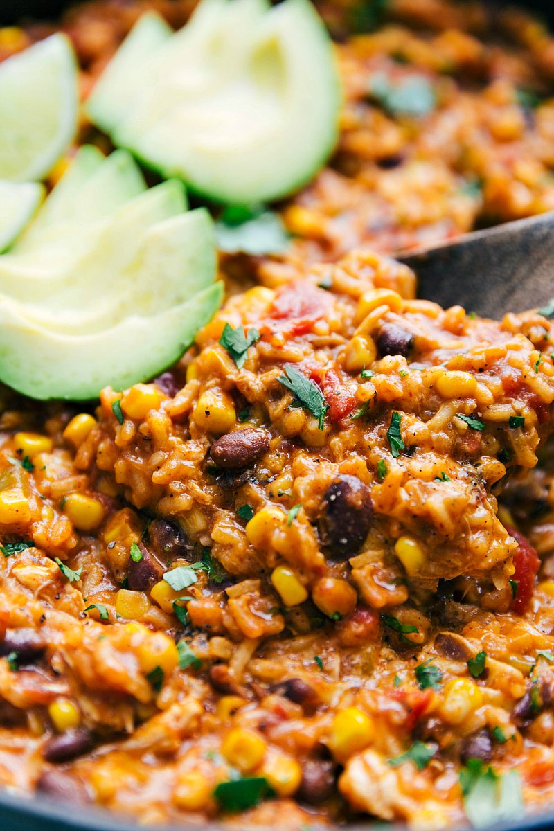 Close up shot of spoonful of one pot chicken burrito bowls