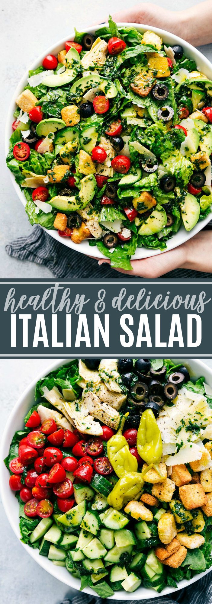 The ultimate BEST EVER Italian Salad with a healthy herb-packed dressing! via chelseasmessyapron.com #italian #salad #green #salad #easy #healthy #best #ever #quick #meal #dinner #croutons #artichoke #tomato #avocado #easy