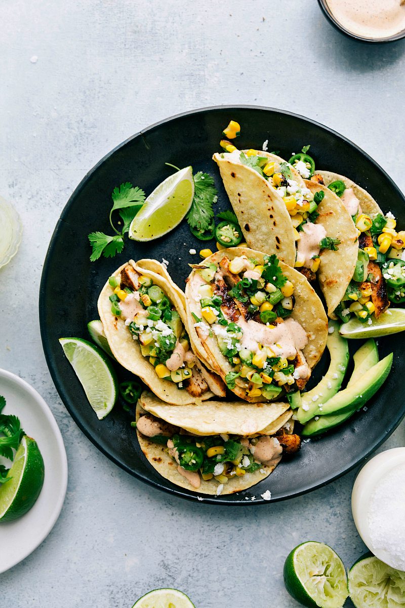 Overhead shot of chicken tacos on a plate