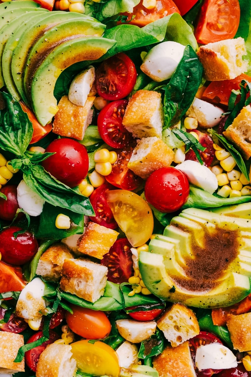 Up close overhead image of the dressed Panzanella Salad