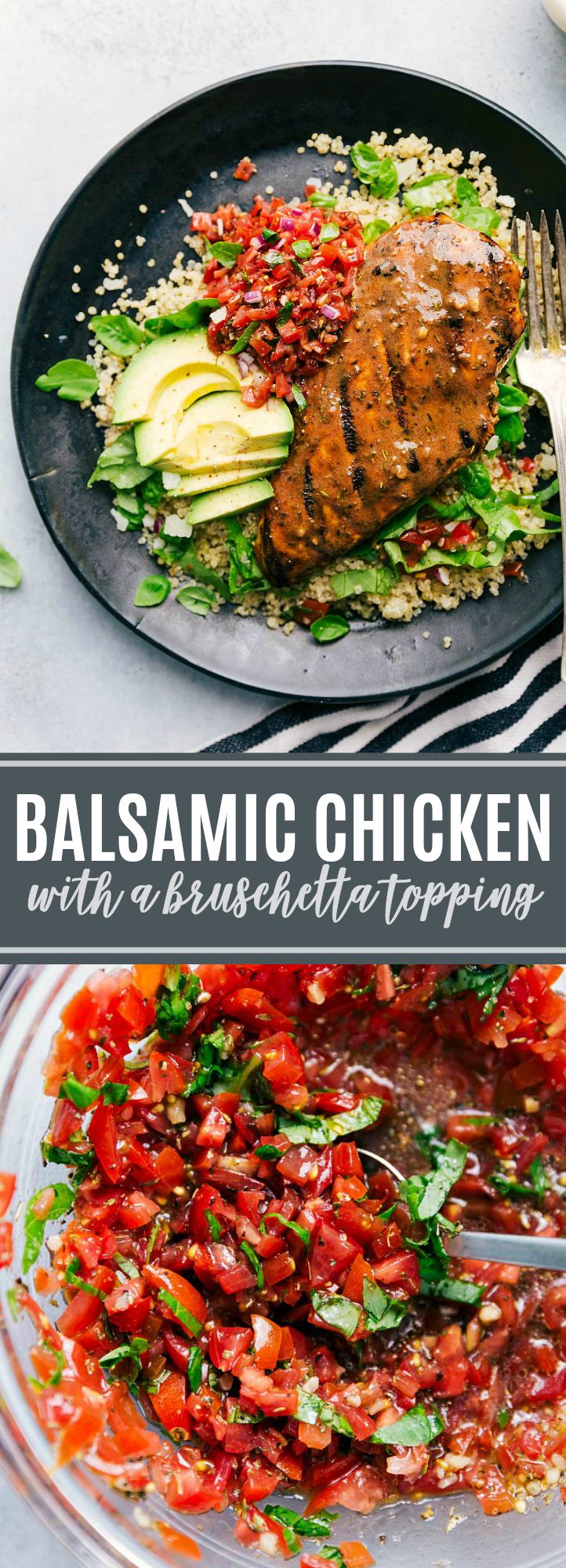 Balsamic marinated chicken with a delicious bruschetta topping and avocado! Easy, fresh, delicious, and healthy dinner via chelseasmessyapron.com #chicken #easy #quick #dinner #bruschetta #tomato #basil #quinoa #healthy #easy #quick #grill #kidfriendly
