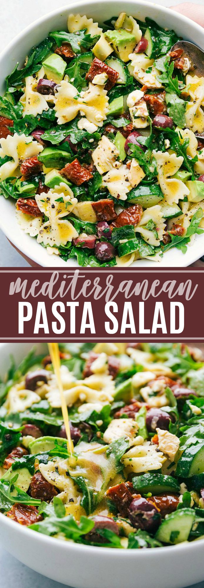 A delicious and healthy mediterranean pasta salad with arugula, veggie, and chicken salad with the best lemon vinaigrette! (Vegetarian option) via chelseasmessyapron.com #mediterranean #pasta #salad #easy #healthy #quick #potluck #party #healthy #avocado #tomato #olive #arugula #kidfriendly #feta