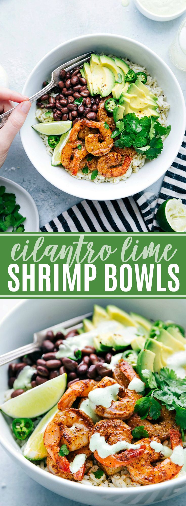 Delicious and simple cilantro lime shrimp bowls with the BEST sauce! via chelseasmessyapron.com #easy #30minute #meal #kidfriendly #cilantro #lime #shrimp #seafood #avocado #southwest #fast #quick #dinner #healthy #rice