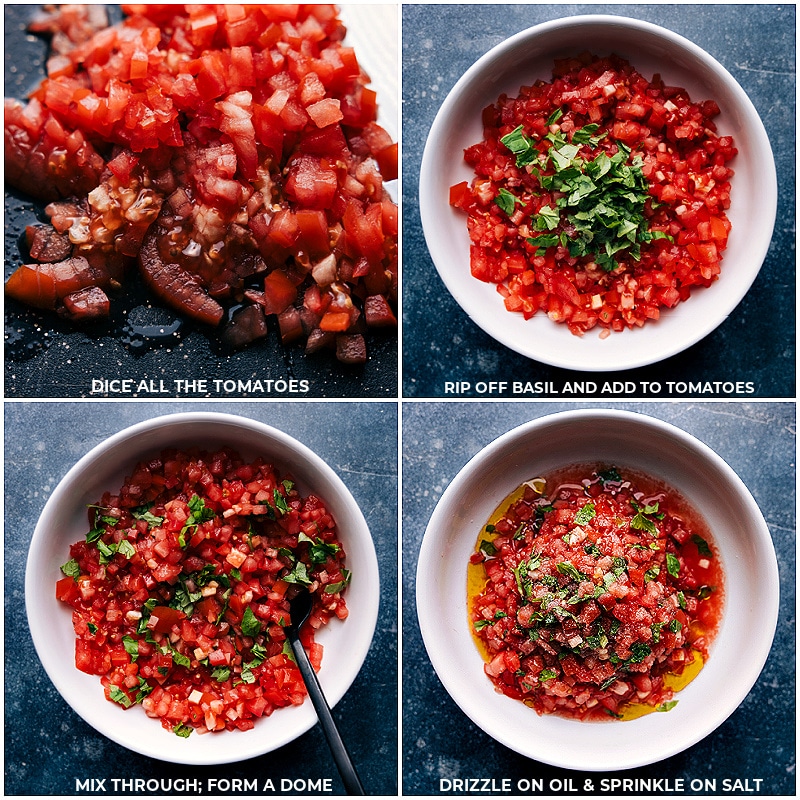 Process shots of Bruschetta-- image of the tomatoes, basil, oil, and salt being added to a bowl