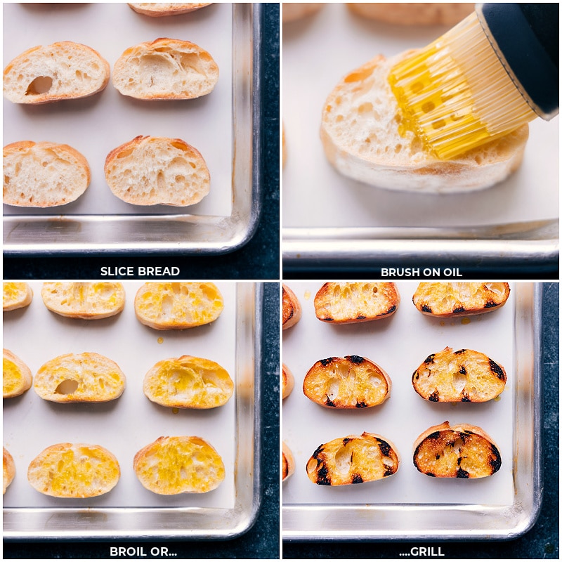 Process shots of the bread being broiled or grilled