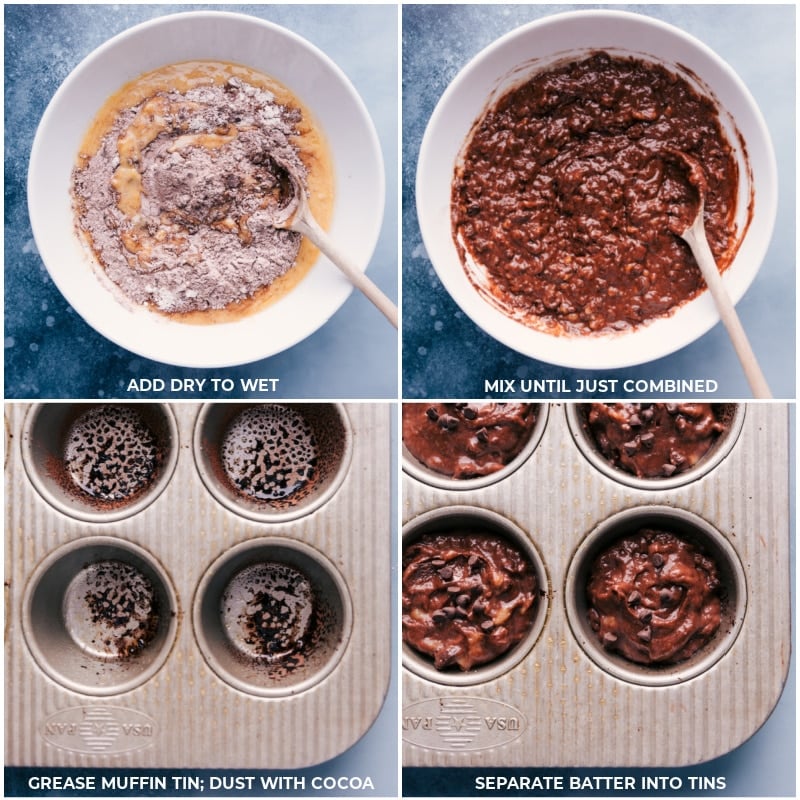 Process shots-- images of the wet and dry ingredients being mixed together and then aded into muffin tins