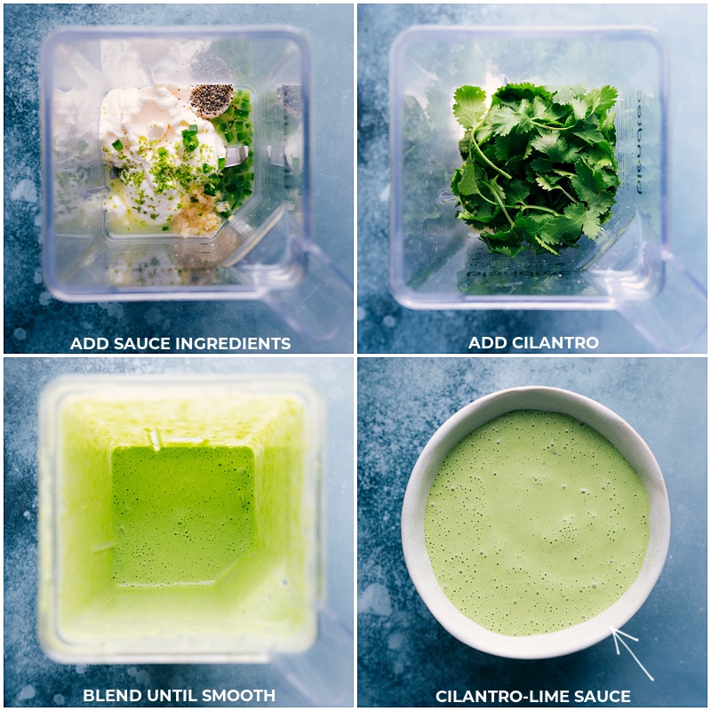 Process shots-- images of the sauce being made by adding all the ingredients to a blender and then blending together