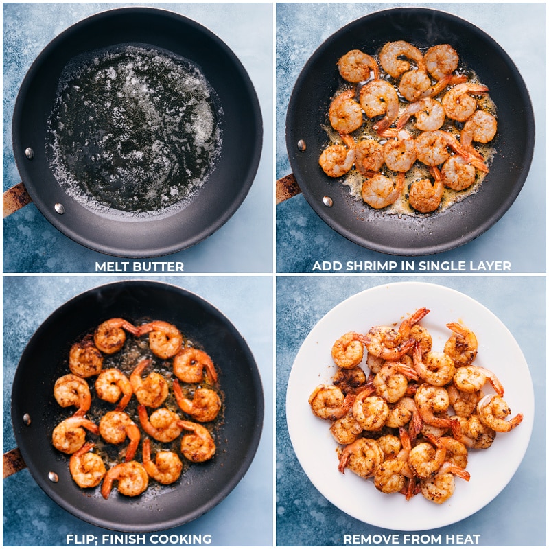 Process shots-- images of the shrimp being cooked and then removed from heat