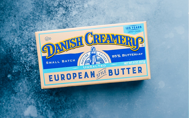 Overhead image of the danish creamery butter used in this dessert