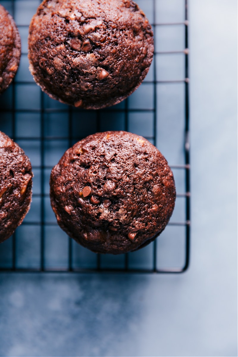 Overhead iage of the chocolate banana muffins