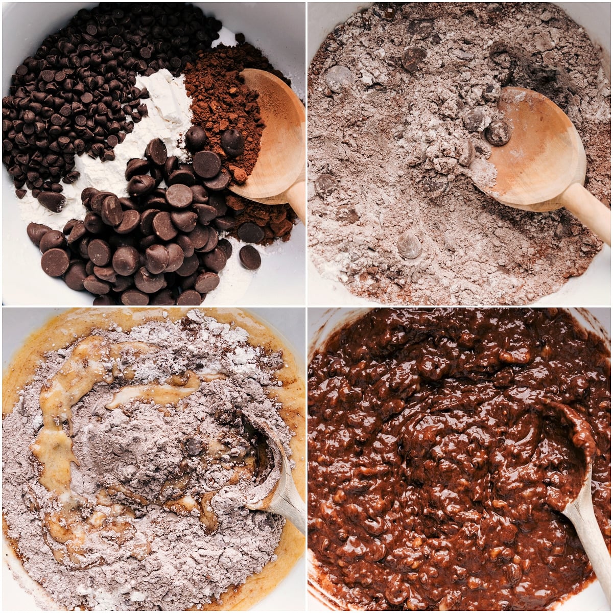How To Make Chocolate Banana Muffins Dry ingredients being mixed together, then combined with wet ingredients to make Chocolate Banana Muffin batter.
