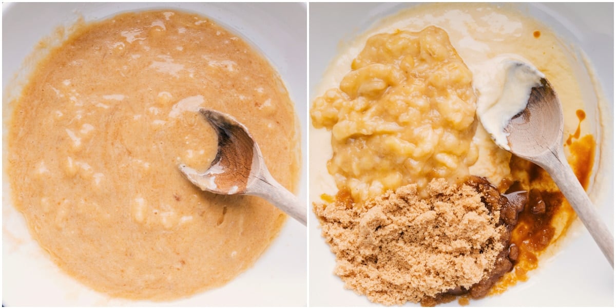 Mixing Together The Wet Ingredients For These Chocolate Banana Muffins The wet ingredients mixed together in a large bowl.