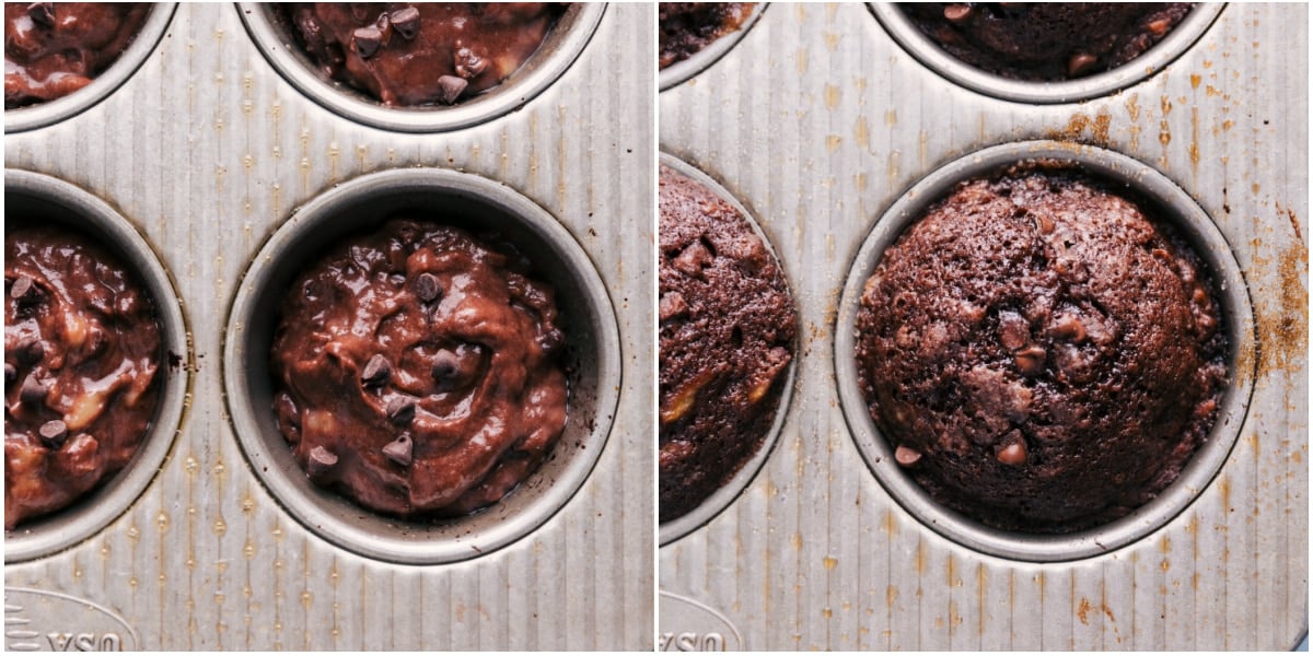 Baking Up The Chocolate Banana Muffins The batter being added to a pan and it all being baked to perfection.