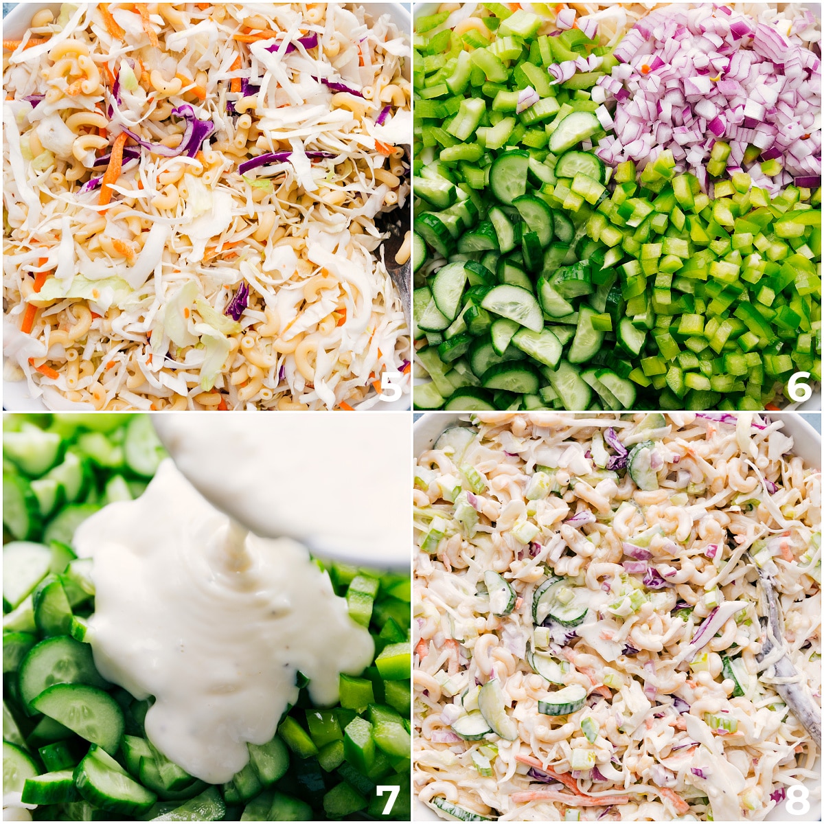 All the components of this recipe being combined in a bowl and it all being tossed together.