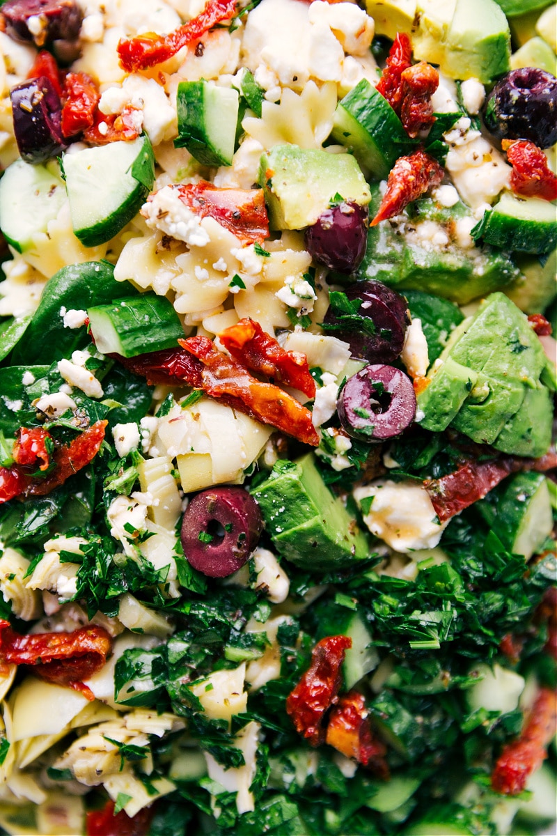 Up close overhead image of the Mediterranean pasta salad showing all the ingredients