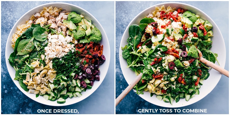 Image of the Mediterranean Pasta Salad being mixed together after being dressed.