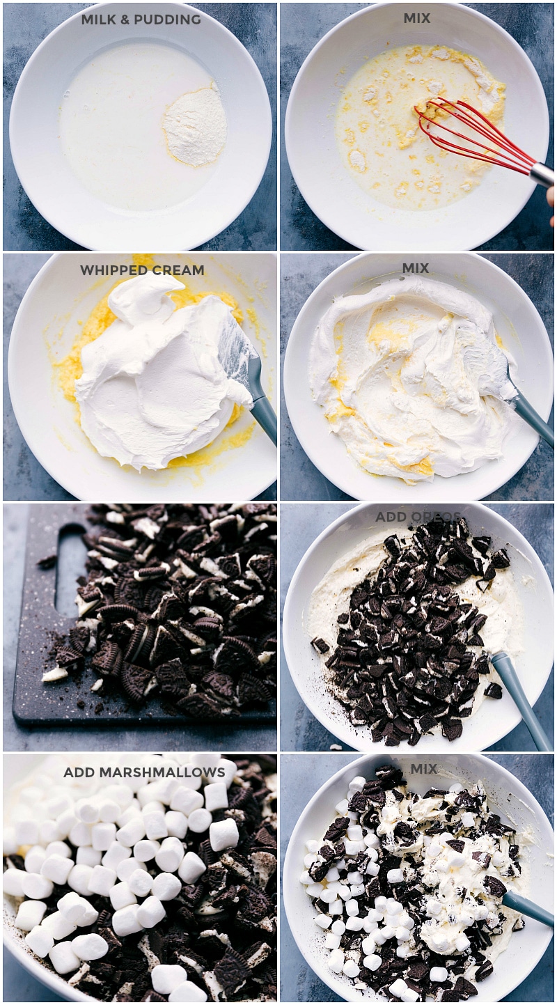 Process shots-- images showing the milk and pudding being whisked, then the whipped topping being added, then the chopped Oreos and marshmallows being mixed in