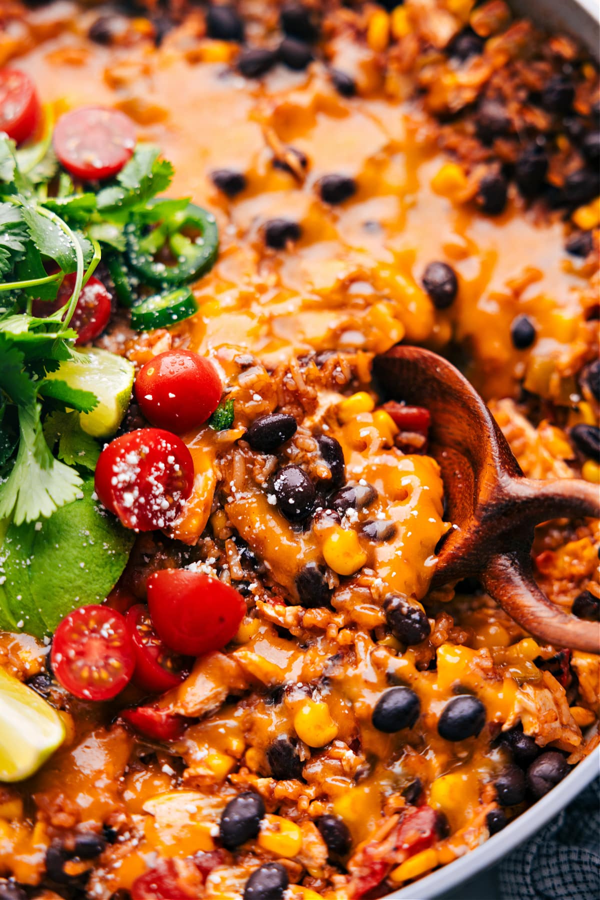 A big spoonful coming out of the One-Pot Burrito Bowls.
