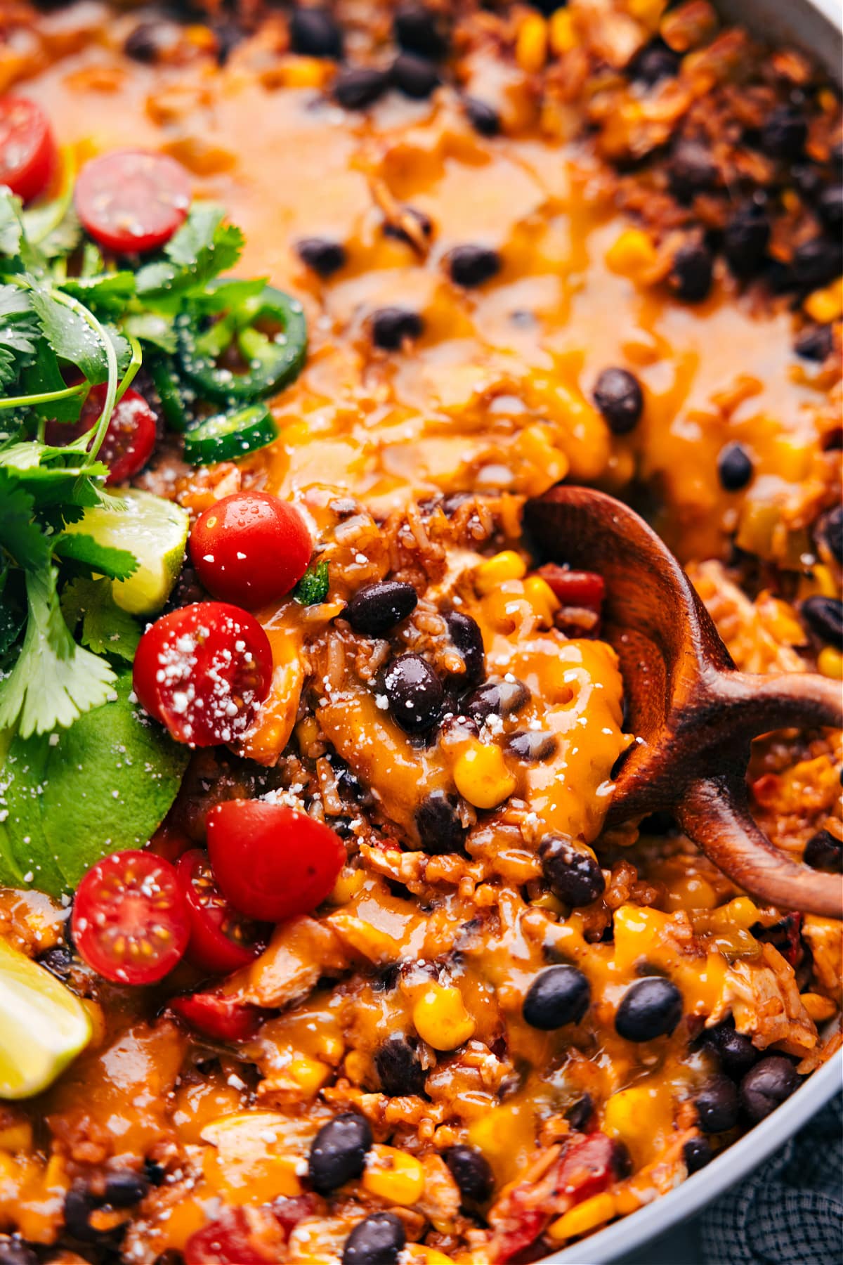 A big spoonful coming out of the One-Pot Burrito Bowls.