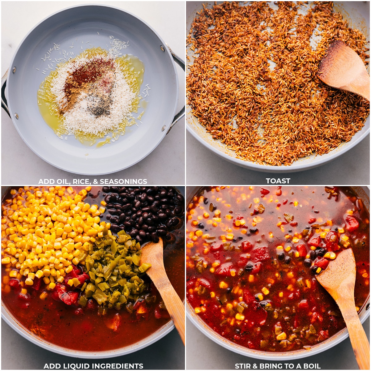 Oil, rice, and seasonings being toasted together, then all the liquid ingredients being added to the pot and it all being brought to a boil for these One-Pot Burrito Bowls.