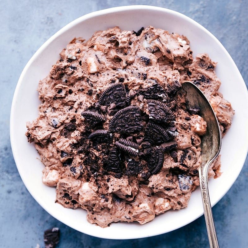 Image of the cookies and cream dip showing the chocolate pudding version.