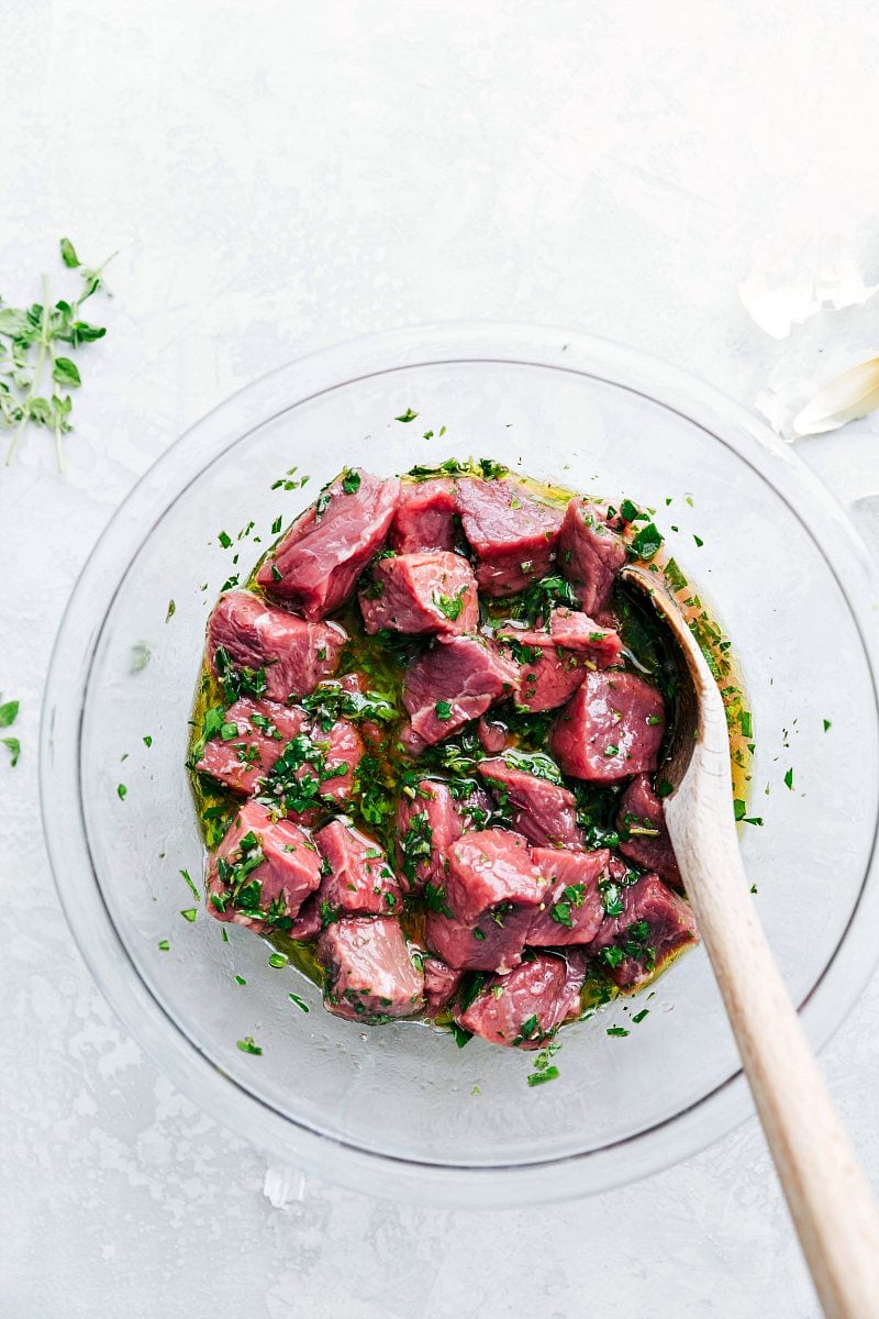 Overhead photo of raw meat in marinade mixture