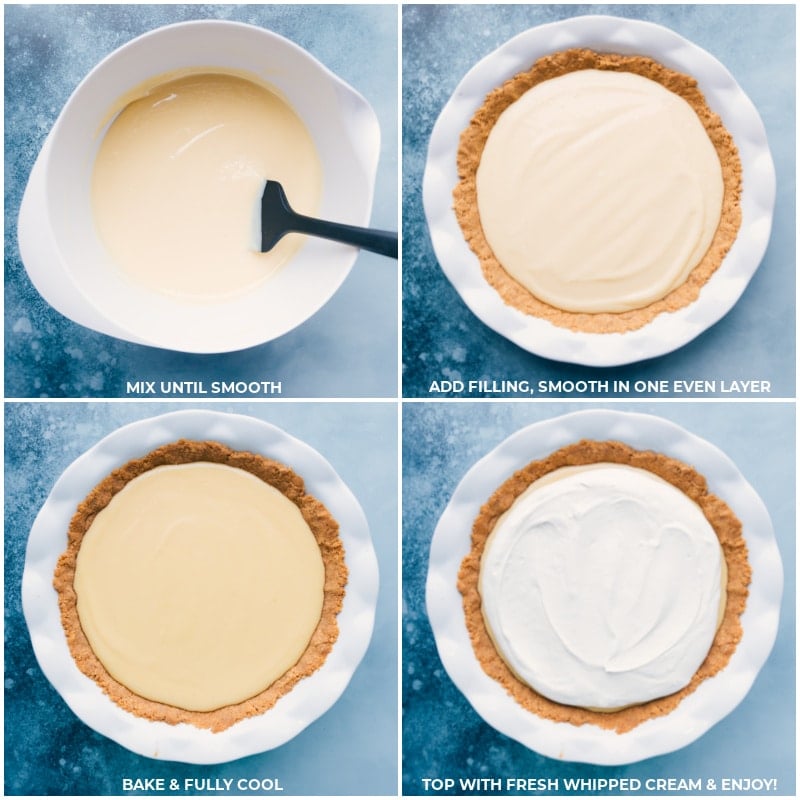 Process shots of the lemon pie-- images of the filling being added to the crust and whipped cream being added on top