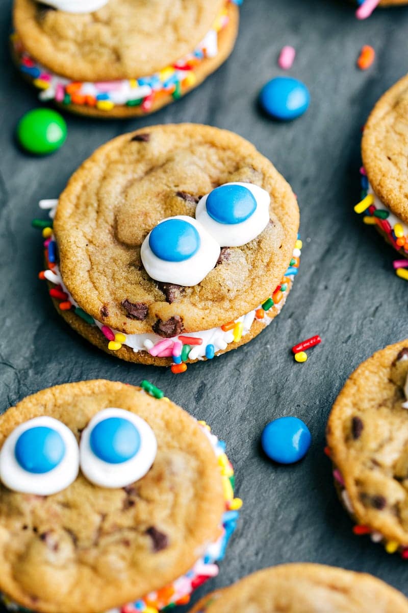 Monster-face cookies decorated for Halloween.