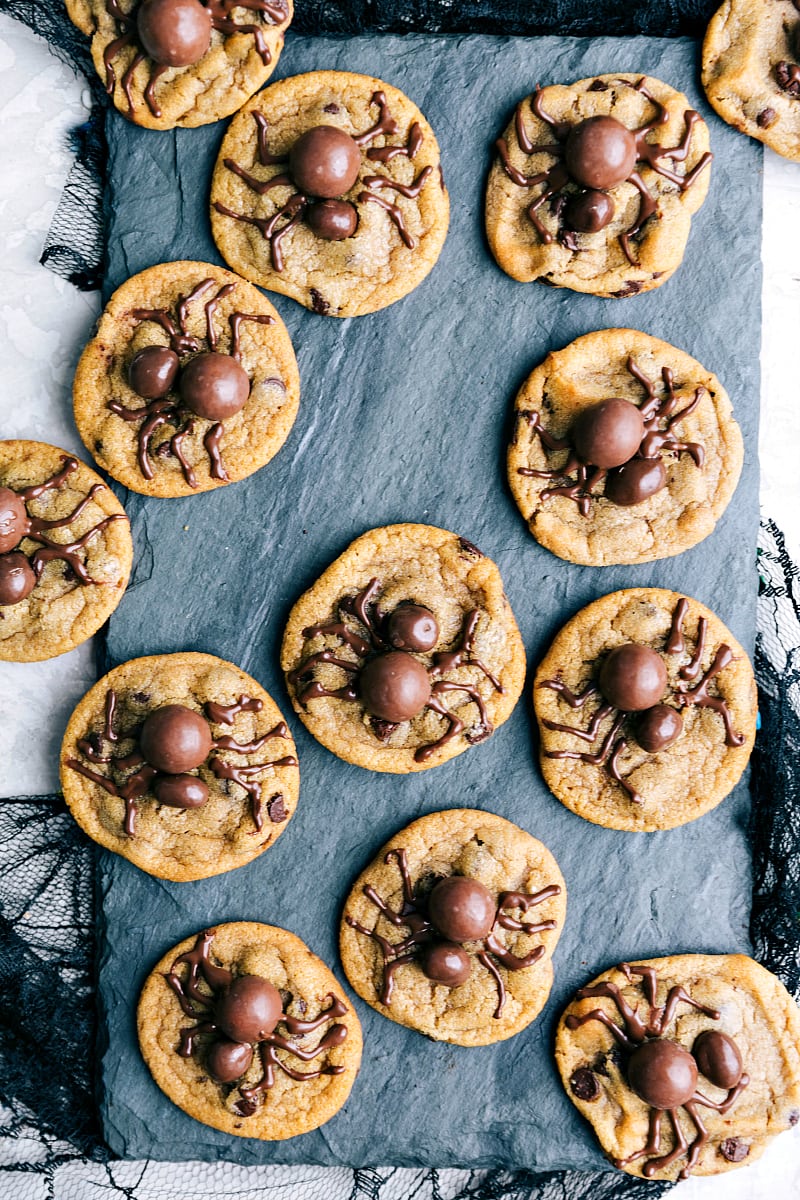 Halloween cookies decorated to look like spiders.