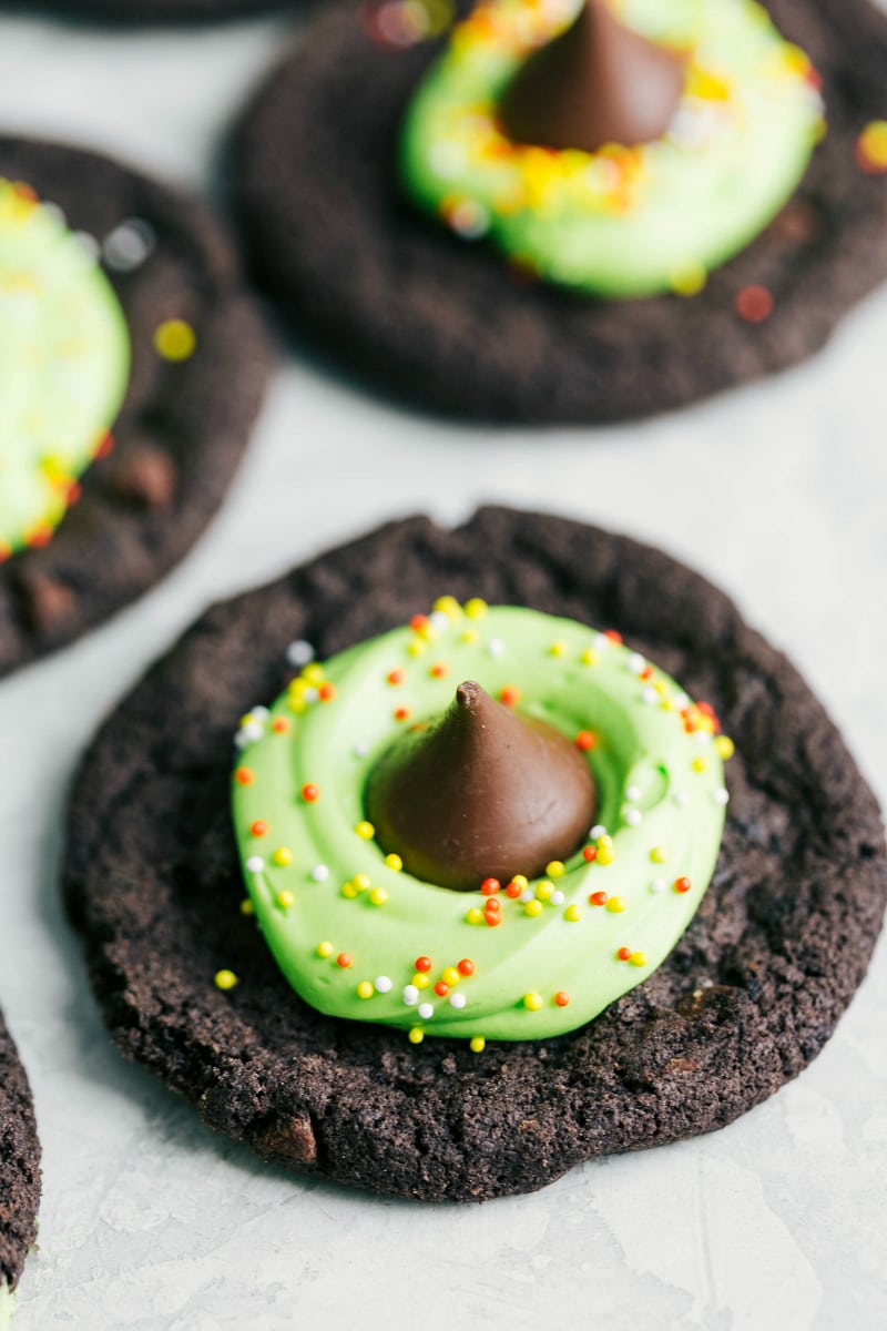 Halloween cookies decorated to look like a witch's hat.