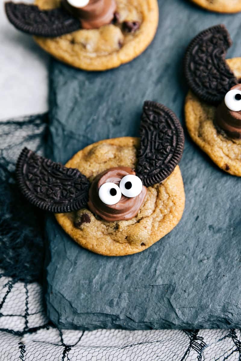 Halloween cookies decorated to look like bats.