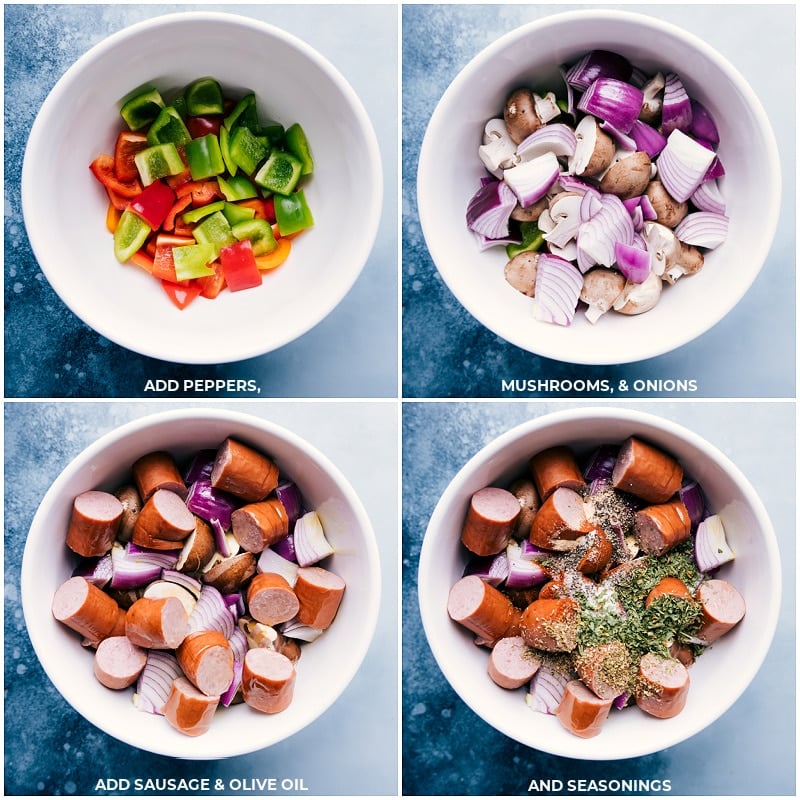 Process shots-- images of the veggies and sausage being thrown into a bowl and the seasoning and olive oil being added on top