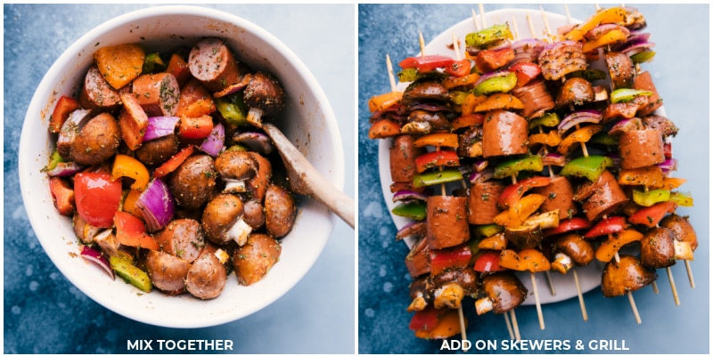 Process shots--veggies and sausage being mixed together; threaded on skewers to grill