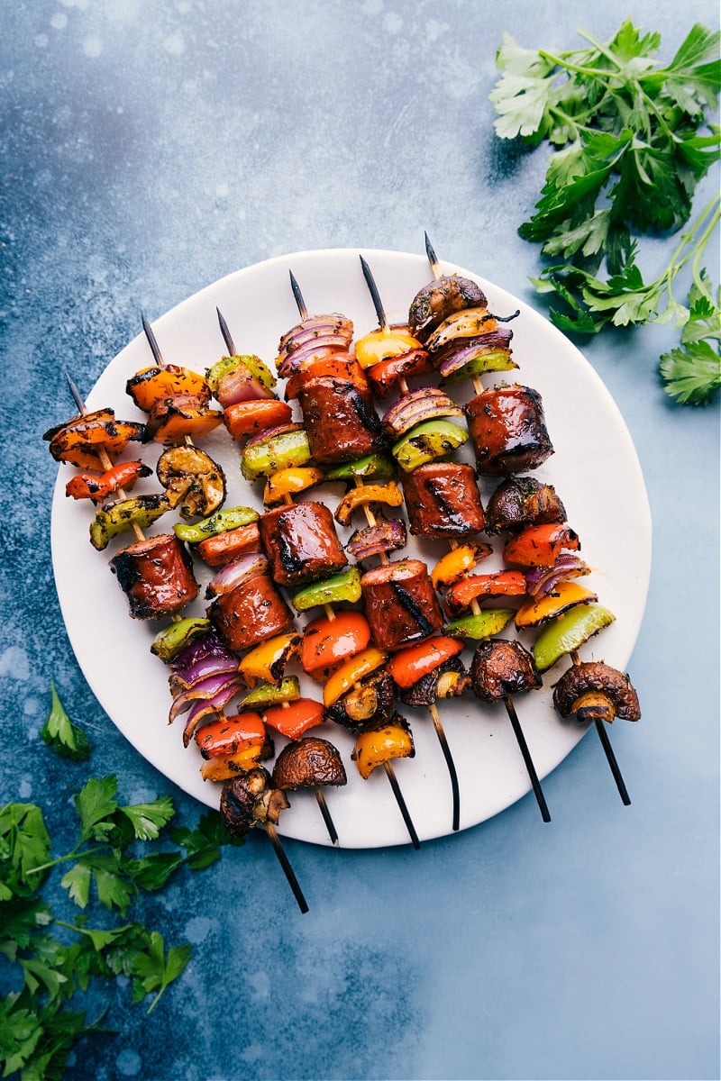 Overhead image of the sausage kabobs on a plate