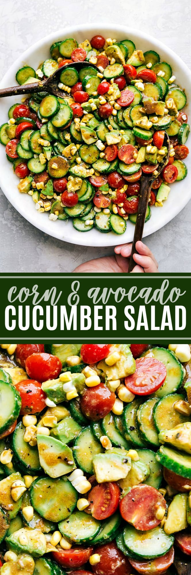 The ultimate BEST EVER cucumber, corn, and avocado salad!! via chelseasmessyapron.com | #corn #avocado #salad #cucumber #healthy #potluck #summer #eat #side #dish #party #easy #quick #cornoncob #tomato #cherry #balsamic #dressing #vinegar #health