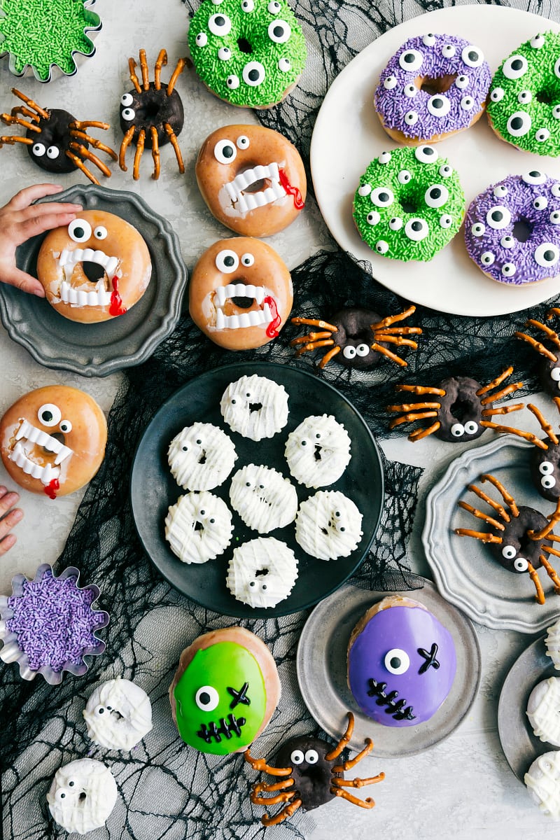 The different Halloween donut options—the vampire, monster, mummy, spiders, and frankenstein.