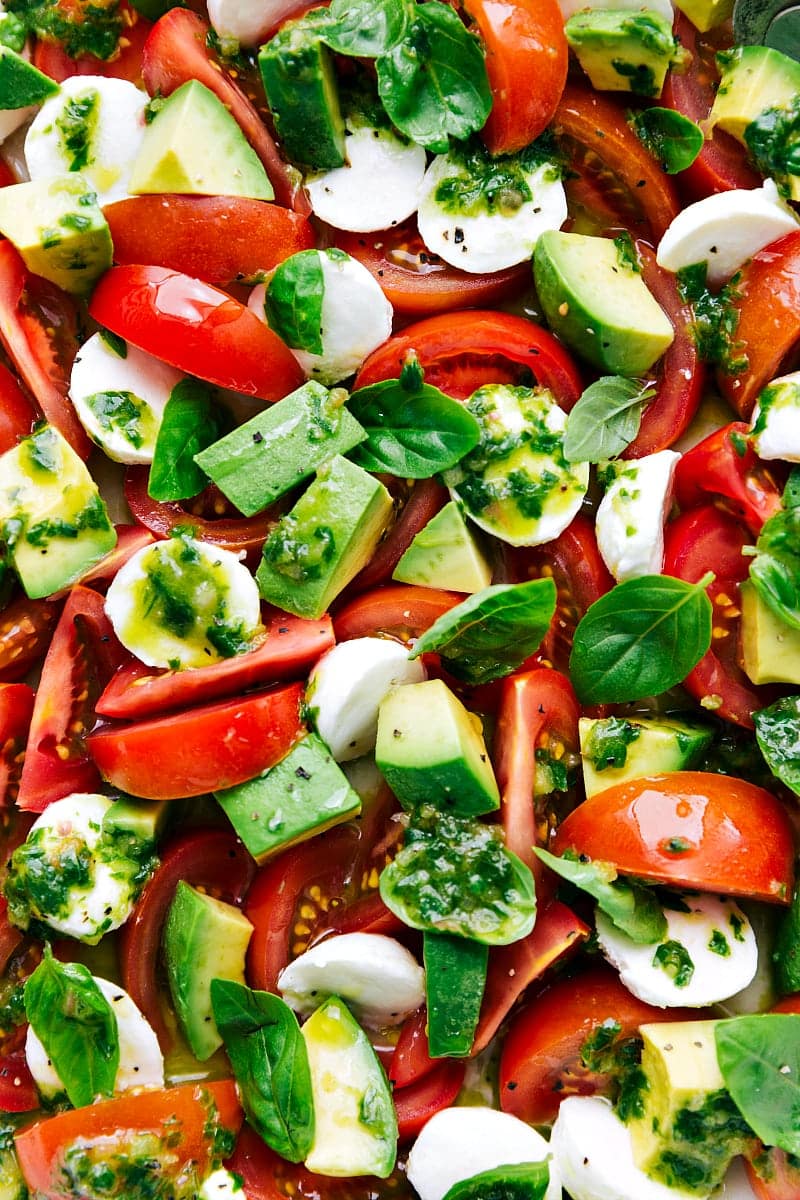 Overhead shot of Caprese Salad, ready to be eaten.