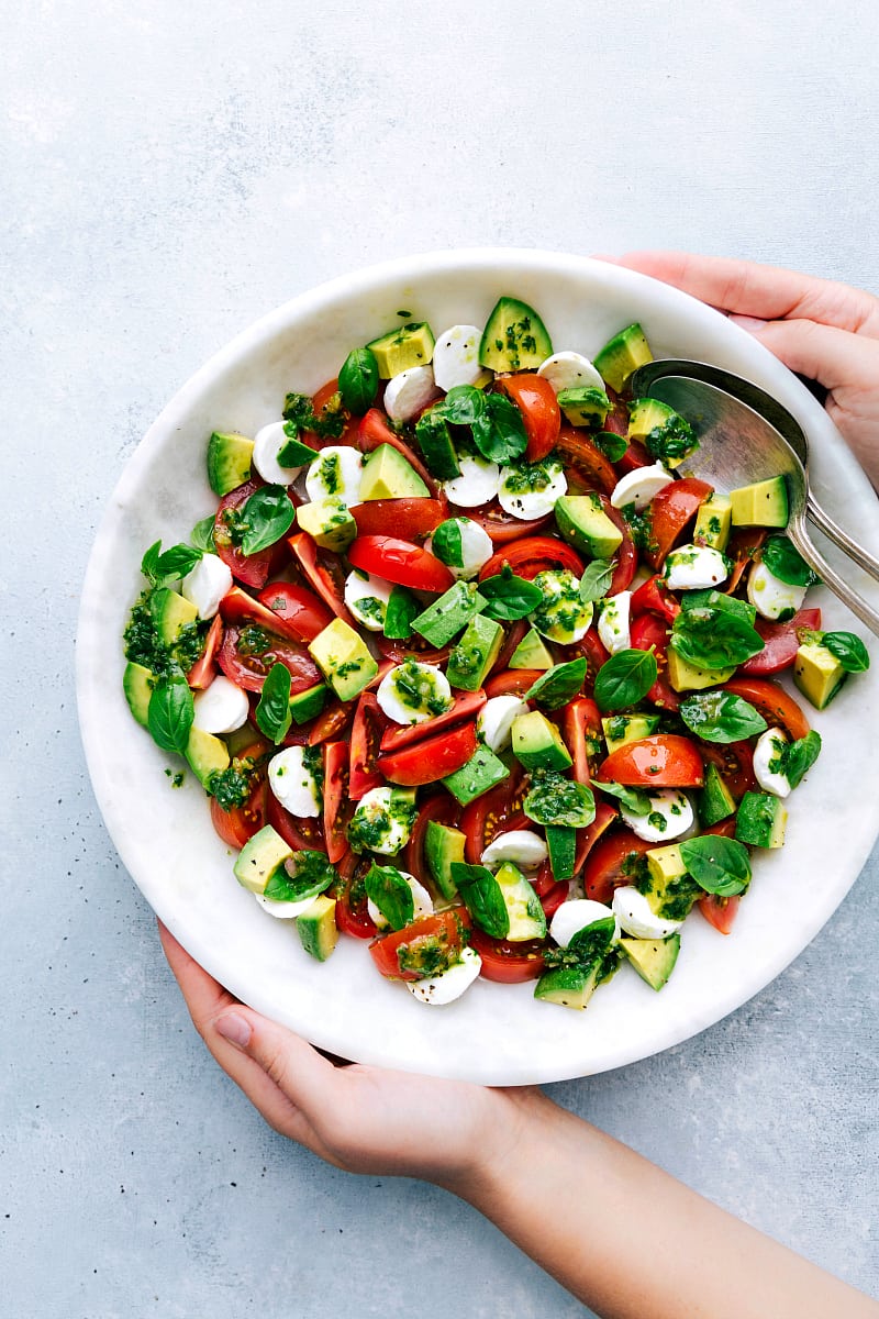 Overhead image of Caprese Salad in a bowl.