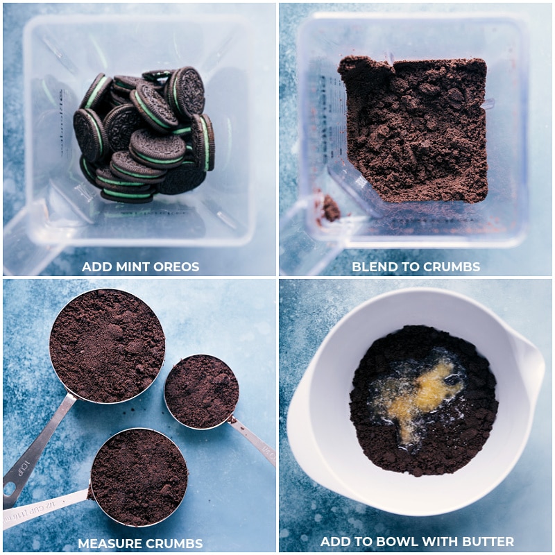 Process shots-- images of the Oreos being blended together and then added to a bowl with butter for the crust