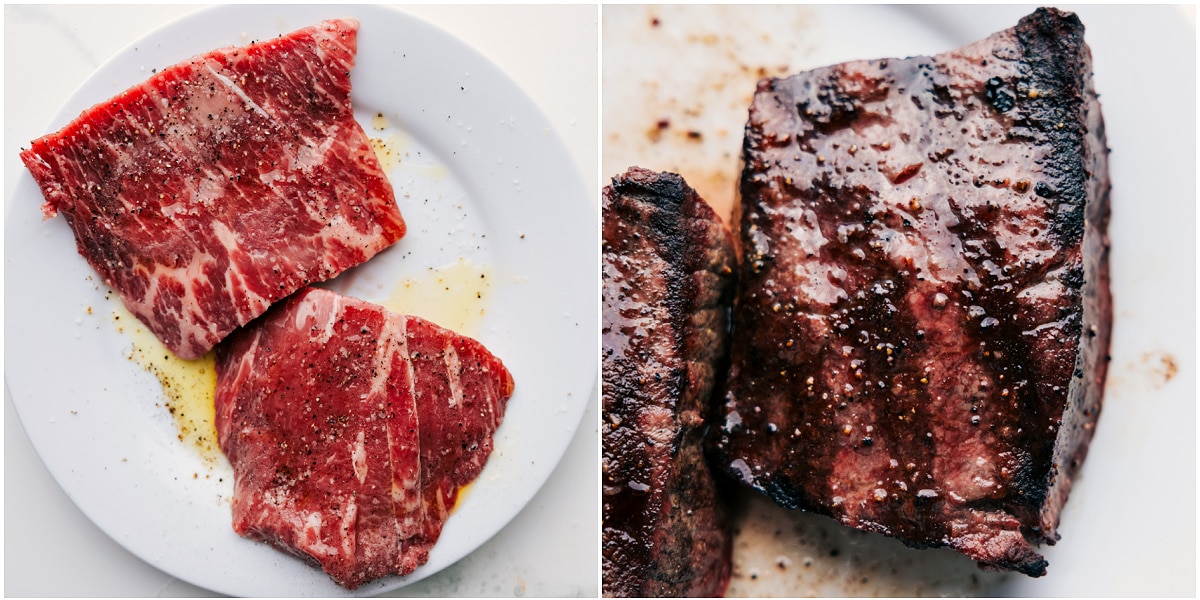 Steak sizzling on the grill, cooked to perfection for this grilled steak salad recipe.