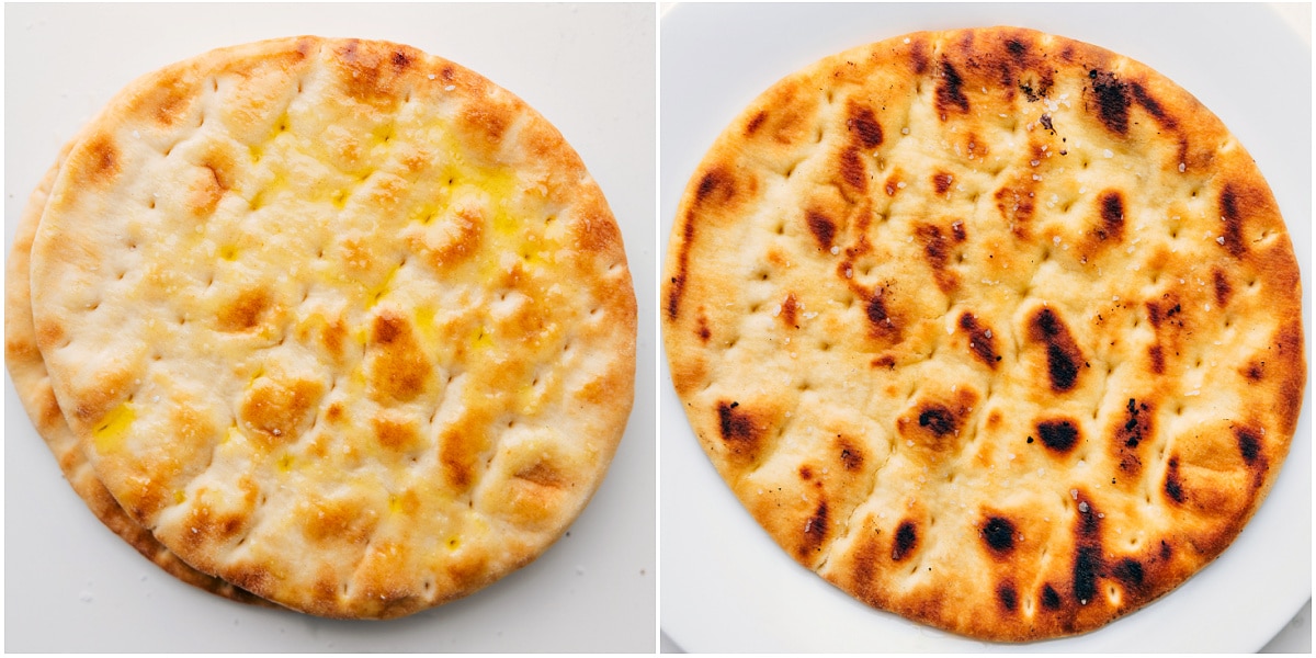 Pita brushed with oil and seasoning, then grilled to make croutons for this recipe.