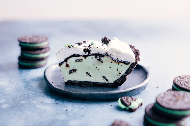 Side shot of a slice of the Grasshopper Pie ready to be enjoyed!