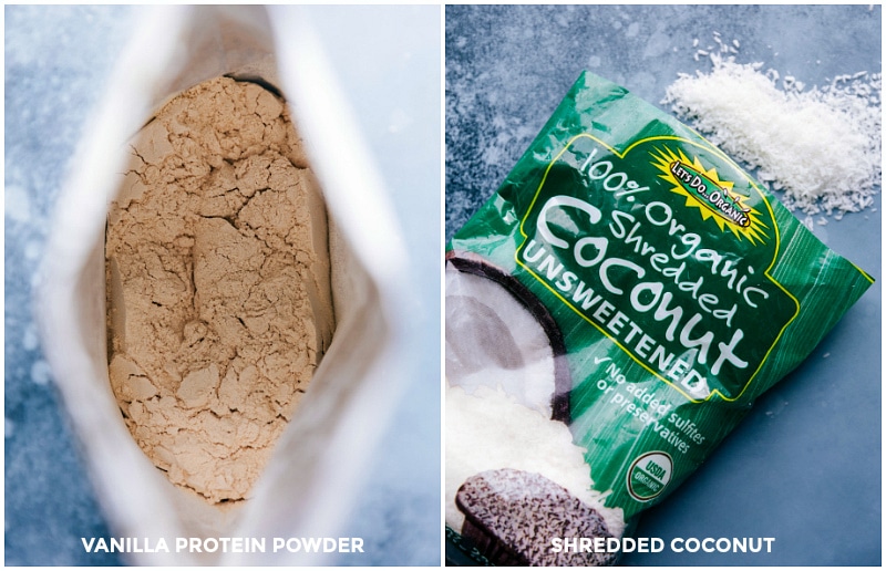 Process shots-- images of the vanilla protein powder and shredded coconut used in Homemade Protein Bars.